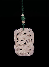 White Nephrite Pendant carved and pierced throughout with two birds feeding amongst Ruri fungus.