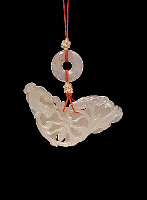 Reverse: Nephrite Pendant, white carved in the form of a butterfly with long proboscis, the other side with a beetle amongst scrolling flowers and ruyi fungus.