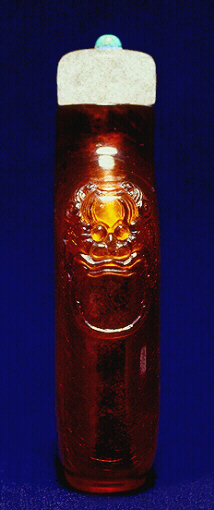 Side View: Amber snuff bottle, honey coloured translucent amber, each shoulder carved with lion mask and ring handles.