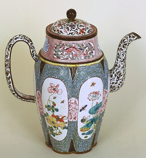 A Chinese Canton enamel wine ewer, the body decorated with six painted panels of flowers and flying insects. Qianlong period.