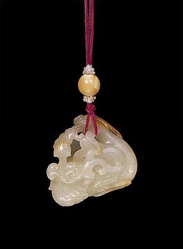 Reverse: Nephrite Pendant, pale celadon colour with russet inclusions, carved with a duck, sprays of ruyi fungus, and a dragon.