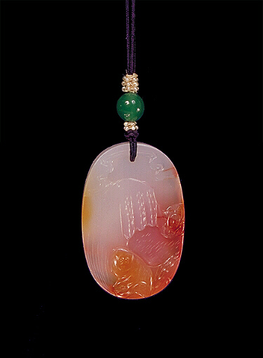 Reverse: Chalcedony pendant, pale milky colour with orange inclusions carved with an immortal in the rocks with his attendant who holds a fan, the other side with a monkey in a rocky landscape and waterfalls.