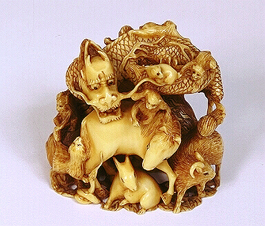 Okimono of All The Zodiac Animals in ivory