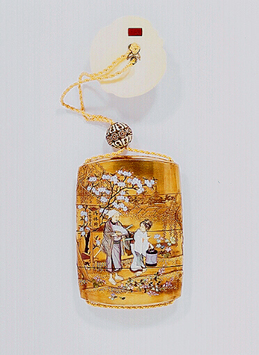 Reverse: L6 Shibayama gold inro depicting a man in a kago, visiting a Geisha with an ivory netsuke