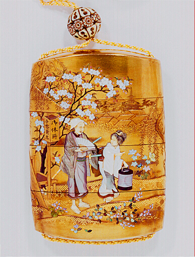 Close-Up: Shibayama gold inro depicting a man in a kago, visiting a Geisha ith a pierced and carved ivory ojime