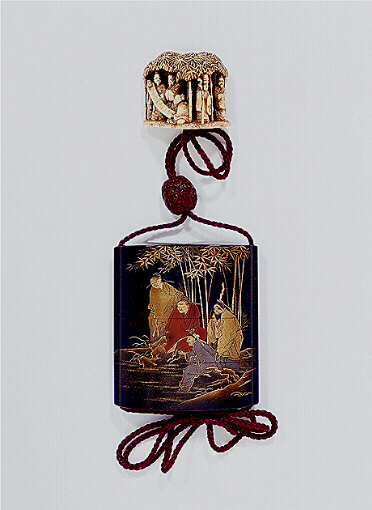 L9 The Seven Sages of The Bamboo Grove Inro with an ivory netsuke