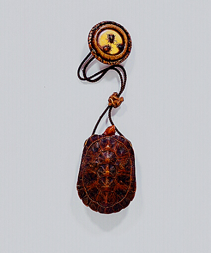 L13 Carved Wood Tortoise inro with stag-antler manju