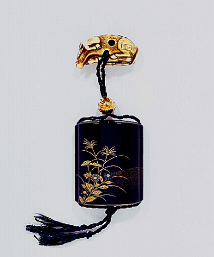 Reverse: Japanese inro of a cock and hen with an ivory netsuke.