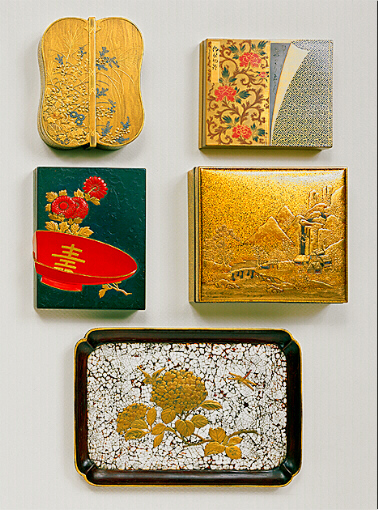 Japanese Lacquer Group of four boxes and a tray.