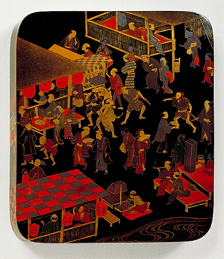 Japanese Lacquer: a small document box in gold and coloured togidashi of a busy market scene.