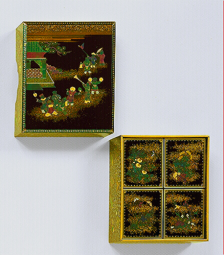 Japanese Lacquer: Kobako containing four boxes for perfume. in Somada style, children playing various musical instruments.