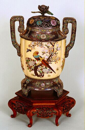 Ivory Mounted in Enamelled Silver Phoenix & Quail Jar with Cover