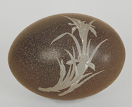 Reverse: Blown Ostrich Egg Carved with Carp & Iris